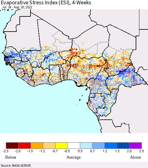 Western Africa Evaporative Stress Index (ESI), 4-Weeks Thematic Map For 8/15/2022 - 8/21/2022