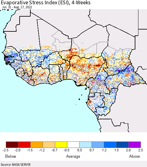 Western Africa Evaporative Stress Index (ESI), 4-Weeks Thematic Map For 8/22/2022 - 8/28/2022