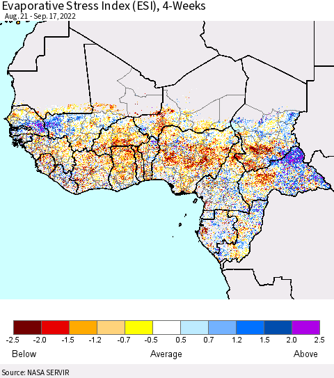 Western Africa Evaporative Stress Index (ESI), 4-Weeks Thematic Map For 9/12/2022 - 9/18/2022