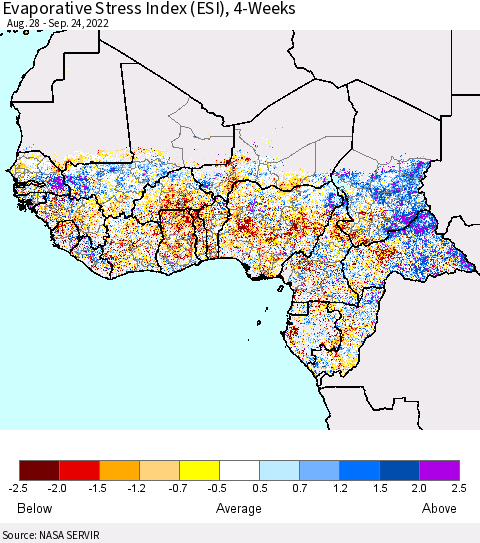 Western Africa Evaporative Stress Index (ESI), 4-Weeks Thematic Map For 9/19/2022 - 9/25/2022