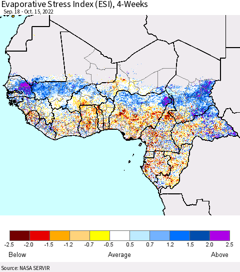 Western Africa Evaporative Stress Index (ESI), 4-Weeks Thematic Map For 10/10/2022 - 10/16/2022