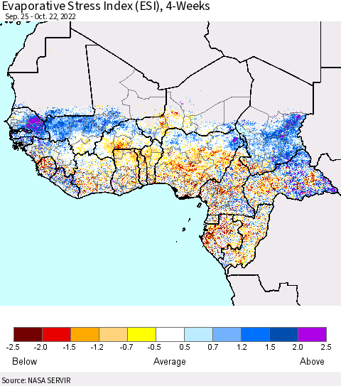 Western Africa Evaporative Stress Index (ESI), 4-Weeks Thematic Map For 10/17/2022 - 10/23/2022