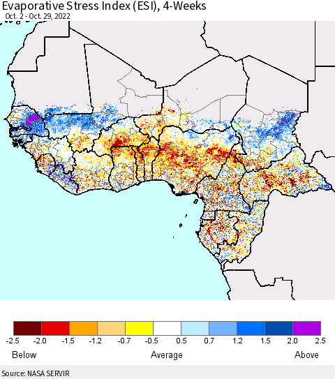 Western Africa Evaporative Stress Index (ESI), 4-Weeks Thematic Map For 10/24/2022 - 10/30/2022