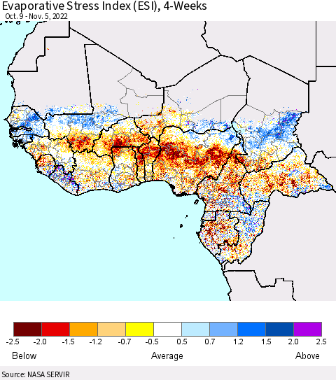 Western Africa Evaporative Stress Index (ESI), 4-Weeks Thematic Map For 10/31/2022 - 11/6/2022