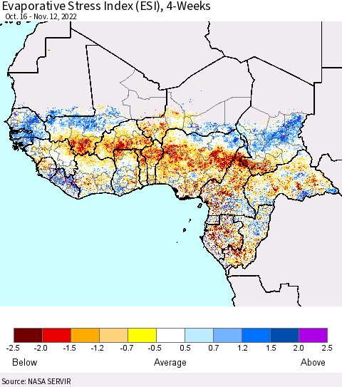 Western Africa Evaporative Stress Index (ESI), 4-Weeks Thematic Map For 11/7/2022 - 11/13/2022