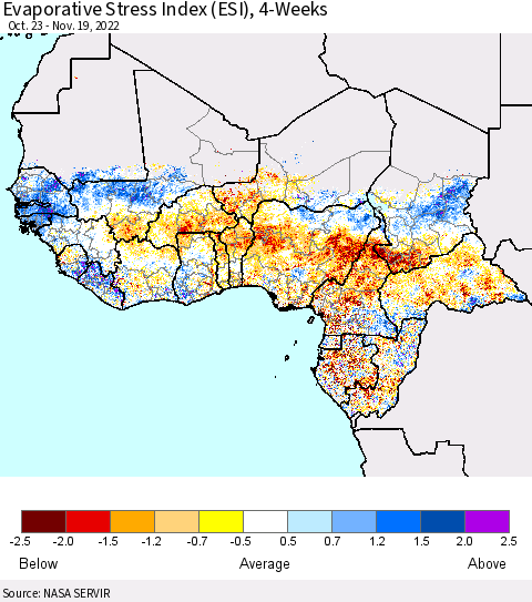 Western Africa Evaporative Stress Index (ESI), 4-Weeks Thematic Map For 11/14/2022 - 11/20/2022
