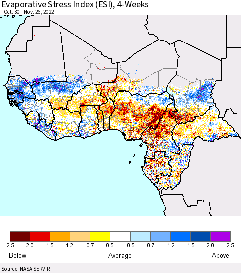 Western Africa Evaporative Stress Index (ESI), 4-Weeks Thematic Map For 11/21/2022 - 11/27/2022