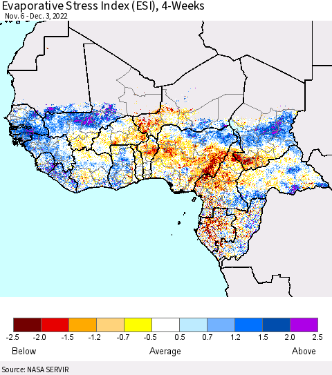 Western Africa Evaporative Stress Index (ESI), 4-Weeks Thematic Map For 11/28/2022 - 12/4/2022