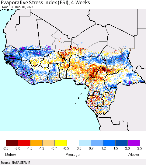 Western Africa Evaporative Stress Index (ESI), 4-Weeks Thematic Map For 12/5/2022 - 12/11/2022