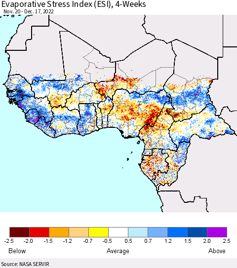 Western Africa Evaporative Stress Index (ESI), 4-Weeks Thematic Map For 12/12/2022 - 12/18/2022