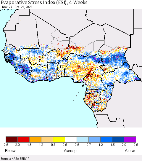 Western Africa Evaporative Stress Index (ESI), 4-Weeks Thematic Map For 12/19/2022 - 12/25/2022