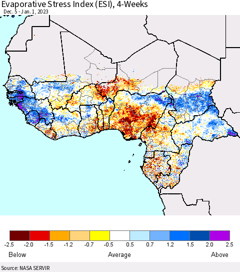 Western Africa Evaporative Stress Index (ESI), 4-Weeks Thematic Map For 12/26/2022 - 1/1/2023