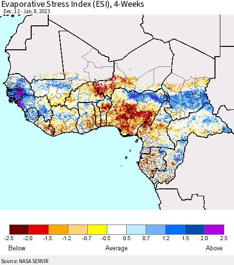 Western Africa Evaporative Stress Index (ESI), 4-Weeks Thematic Map For 1/2/2023 - 1/8/2023