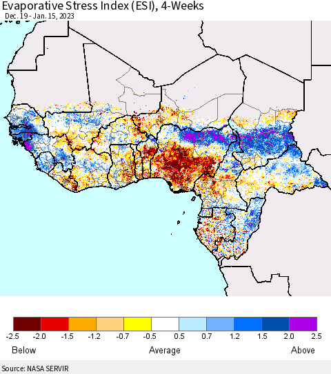 Western Africa Evaporative Stress Index (ESI), 4-Weeks Thematic Map For 1/9/2023 - 1/15/2023