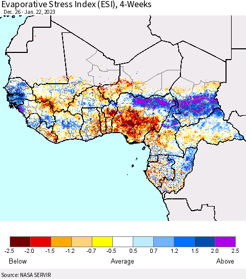 Western Africa Evaporative Stress Index (ESI), 4-Weeks Thematic Map For 1/16/2023 - 1/22/2023
