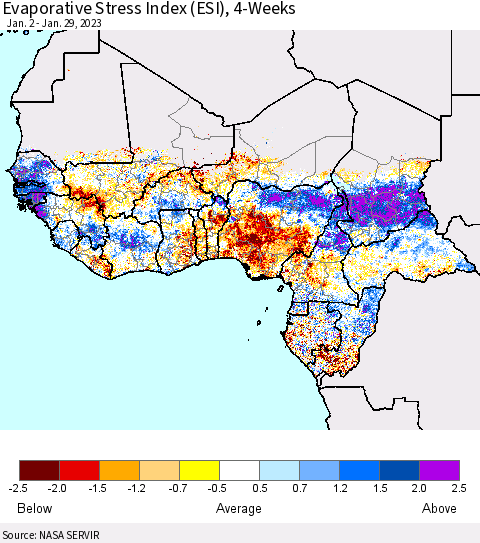Western Africa Evaporative Stress Index (ESI), 4-Weeks Thematic Map For 1/23/2023 - 1/29/2023