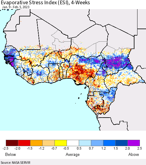 Western Africa Evaporative Stress Index (ESI), 4-Weeks Thematic Map For 1/30/2023 - 2/5/2023