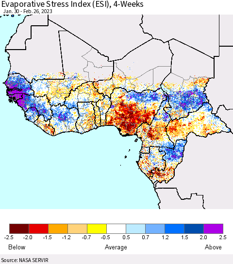 Western Africa Evaporative Stress Index (ESI), 4-Weeks Thematic Map For 2/20/2023 - 2/26/2023
