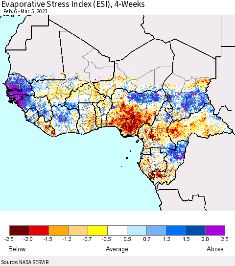 Western Africa Evaporative Stress Index (ESI), 4-Weeks Thematic Map For 2/27/2023 - 3/5/2023