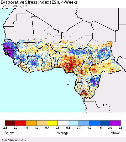 Western Africa Evaporative Stress Index (ESI), 4-Weeks Thematic Map For 3/6/2023 - 3/12/2023