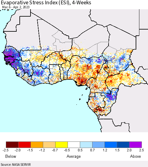 Western Africa Evaporative Stress Index (ESI), 4-Weeks Thematic Map For 3/27/2023 - 4/2/2023
