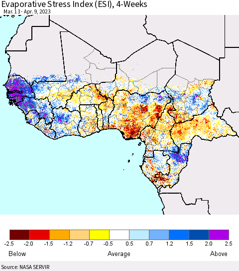 Western Africa Evaporative Stress Index (ESI), 4-Weeks Thematic Map For 4/3/2023 - 4/9/2023