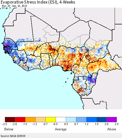 Western Africa Evaporative Stress Index (ESI), 4-Weeks Thematic Map For 4/10/2023 - 4/16/2023
