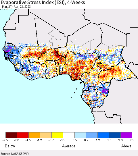 Western Africa Evaporative Stress Index (ESI), 4-Weeks Thematic Map For 4/17/2023 - 4/23/2023