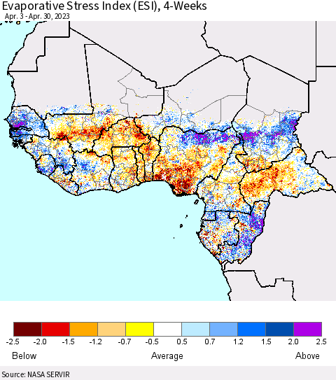 Western Africa Evaporative Stress Index (ESI), 4-Weeks Thematic Map For 4/24/2023 - 4/30/2023