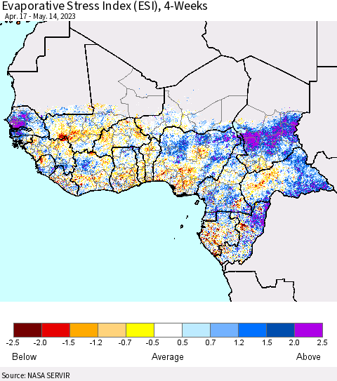 Western Africa Evaporative Stress Index (ESI), 4-Weeks Thematic Map For 5/8/2023 - 5/14/2023