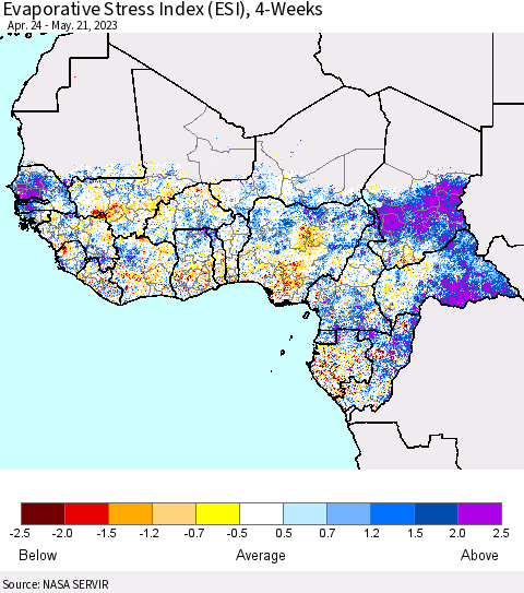 Western Africa Evaporative Stress Index (ESI), 4-Weeks Thematic Map For 5/15/2023 - 5/21/2023