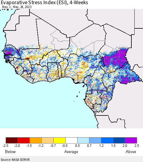 Western Africa Evaporative Stress Index (ESI), 4-Weeks Thematic Map For 5/22/2023 - 5/28/2023