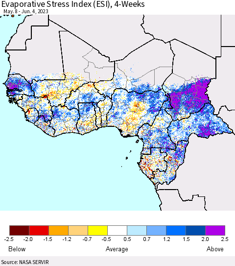 Western Africa Evaporative Stress Index (ESI), 4-Weeks Thematic Map For 5/29/2023 - 6/4/2023