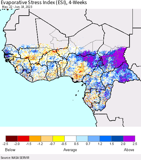 Western Africa Evaporative Stress Index (ESI), 4-Weeks Thematic Map For 6/12/2023 - 6/18/2023