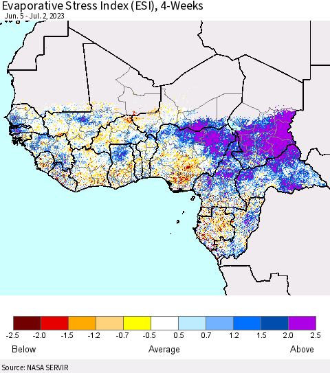 Western Africa Evaporative Stress Index (ESI), 4-Weeks Thematic Map For 6/26/2023 - 7/2/2023