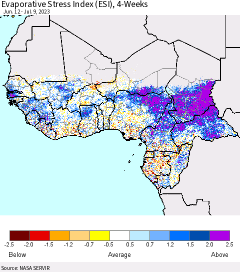 Western Africa Evaporative Stress Index (ESI), 4-Weeks Thematic Map For 7/3/2023 - 7/9/2023