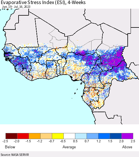 Western Africa Evaporative Stress Index (ESI), 4-Weeks Thematic Map For 7/10/2023 - 7/16/2023