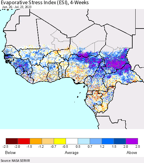 Western Africa Evaporative Stress Index (ESI), 4-Weeks Thematic Map For 7/17/2023 - 7/23/2023