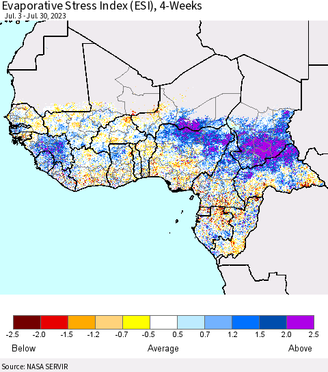 Western Africa Evaporative Stress Index (ESI), 4-Weeks Thematic Map For 7/24/2023 - 7/30/2023