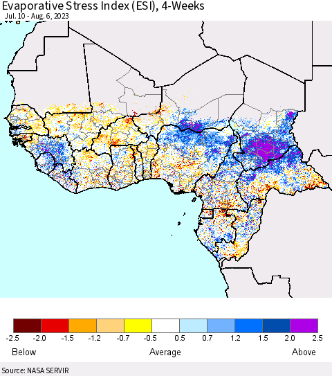 Western Africa Evaporative Stress Index (ESI), 4-Weeks Thematic Map For 7/31/2023 - 8/6/2023