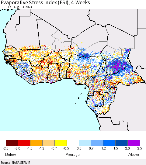 Western Africa Evaporative Stress Index (ESI), 4-Weeks Thematic Map For 8/7/2023 - 8/13/2023