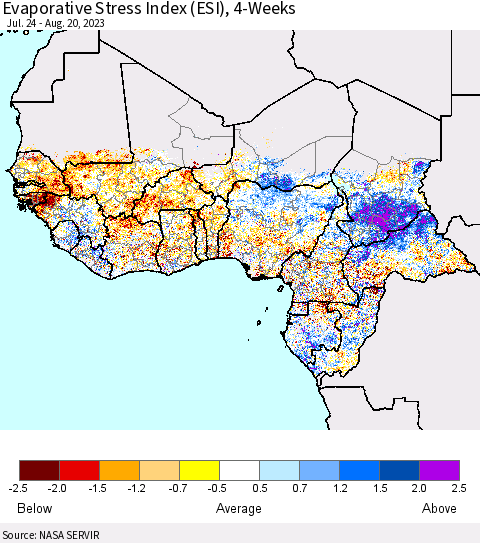 Western Africa Evaporative Stress Index (ESI), 4-Weeks Thematic Map For 8/14/2023 - 8/20/2023