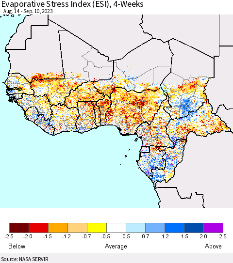 Western Africa Evaporative Stress Index (ESI), 4-Weeks Thematic Map For 9/4/2023 - 9/10/2023