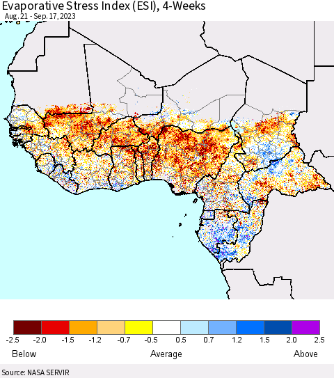 Western Africa Evaporative Stress Index (ESI), 4-Weeks Thematic Map For 9/11/2023 - 9/17/2023