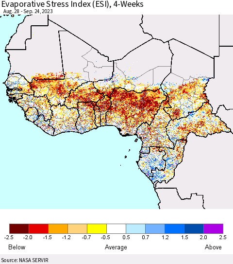 Western Africa Evaporative Stress Index (ESI), 4-Weeks Thematic Map For 9/18/2023 - 9/24/2023