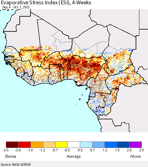 Western Africa Evaporative Stress Index (ESI), 4-Weeks Thematic Map For 9/25/2023 - 10/1/2023