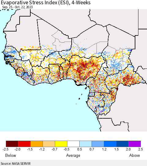 Western Africa Evaporative Stress Index (ESI), 4-Weeks Thematic Map For 10/16/2023 - 10/22/2023