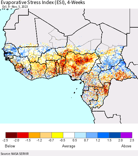 Western Africa Evaporative Stress Index (ESI), 4-Weeks Thematic Map For 10/30/2023 - 11/5/2023
