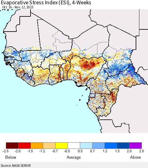 Western Africa Evaporative Stress Index (ESI), 4-Weeks Thematic Map For 11/6/2023 - 11/12/2023