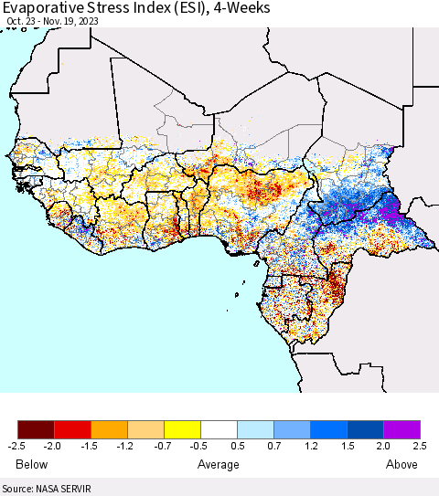 Western Africa Evaporative Stress Index (ESI), 4-Weeks Thematic Map For 11/13/2023 - 11/19/2023